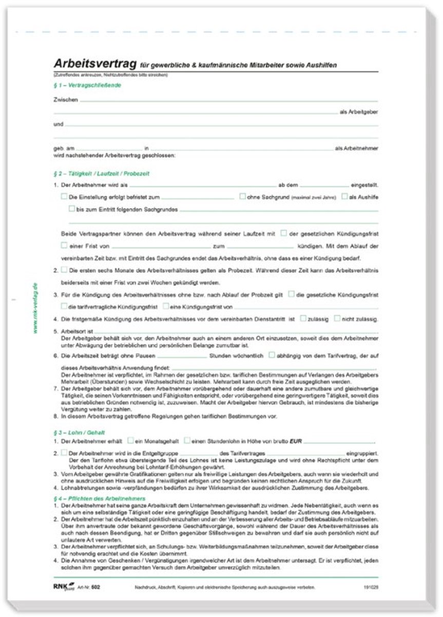 RNK Verlag arbeidscontractformulier, commercieel/administratief, A4, 10 stuks