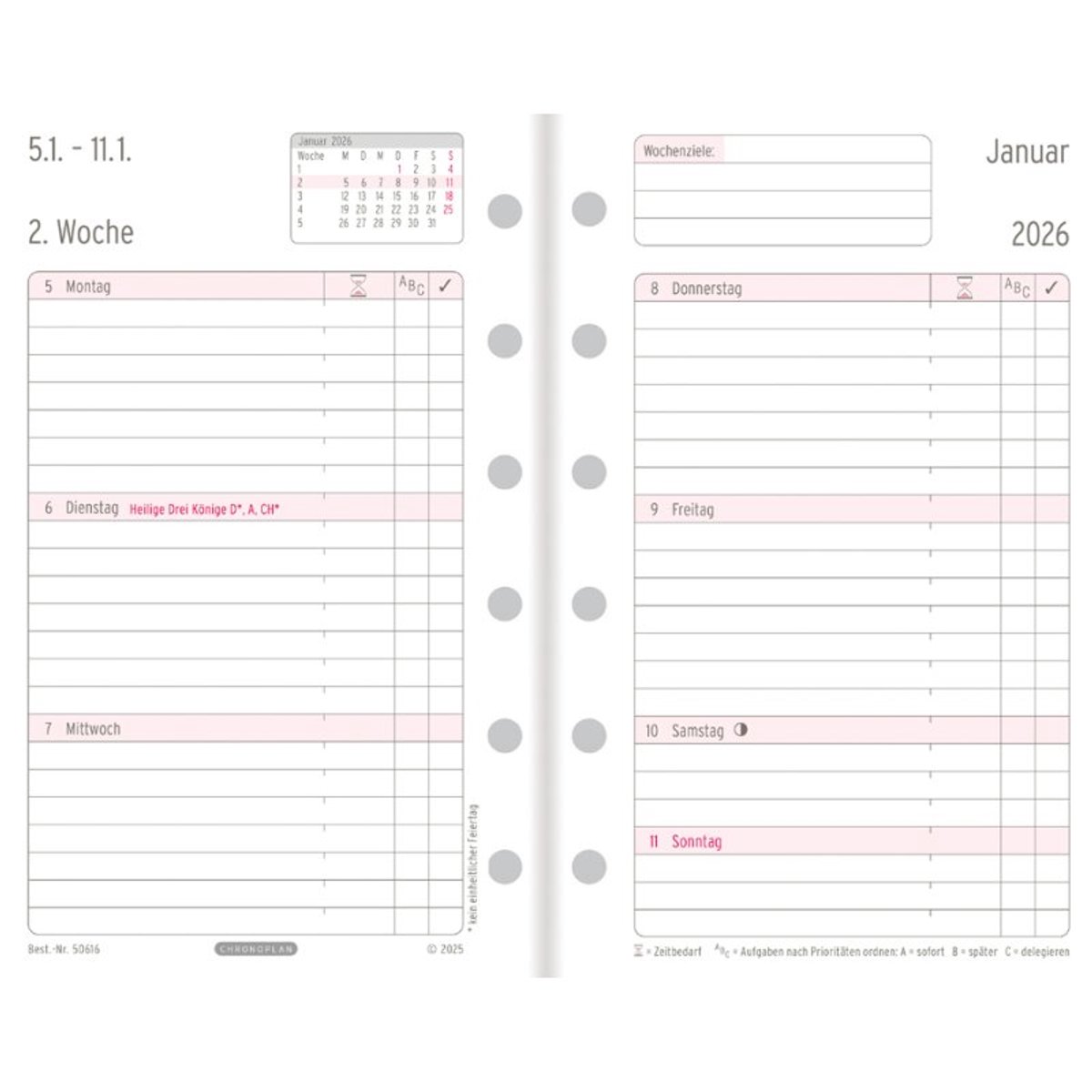 CHRONOPLAN Weekplanner 2027, Mini, 1 week/2 pagina's, universele perforatie