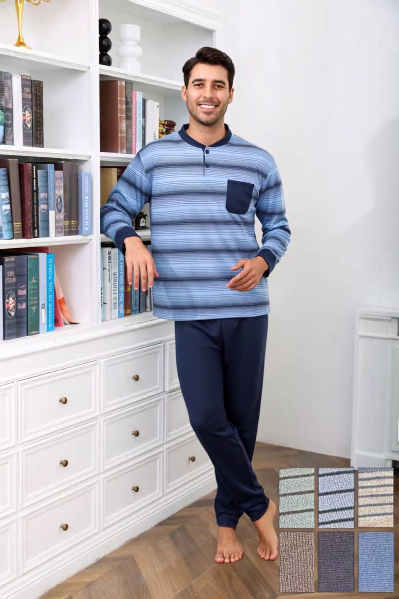 Heren pyjamaset winter - XXL - heren pyjama met 2 knopen en borstzakje - gewatteerd - bovenstuk gestreept, effen broek