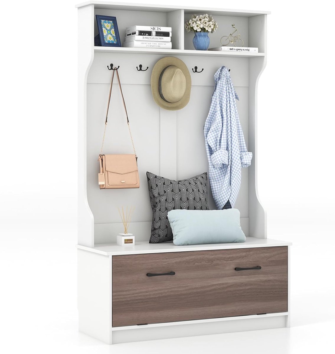 Kapstok met bankje, 5 dubbele haken en schoenenkast, 100 x 40 x 160 cm – Industrohome