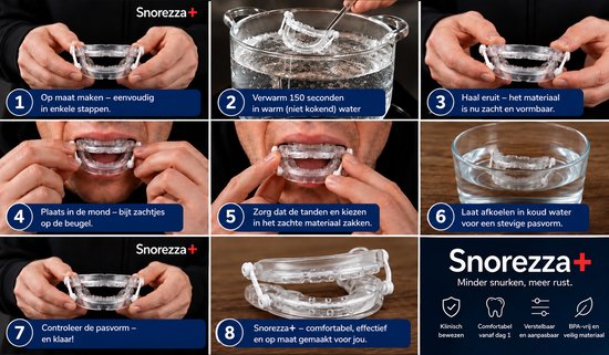 Stapsgewijze instructies voor het vormen van de Snorezza+ anti-snurkbeugel.