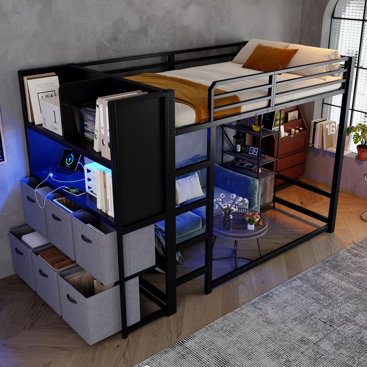 OKWISH Hoogslaper 120x200 cm - Met Ladder, Verlichting en Oplaadstation - Zijopberging met Stoffen Lades - Zonder Matras - Metaal - Zwart en Grijs