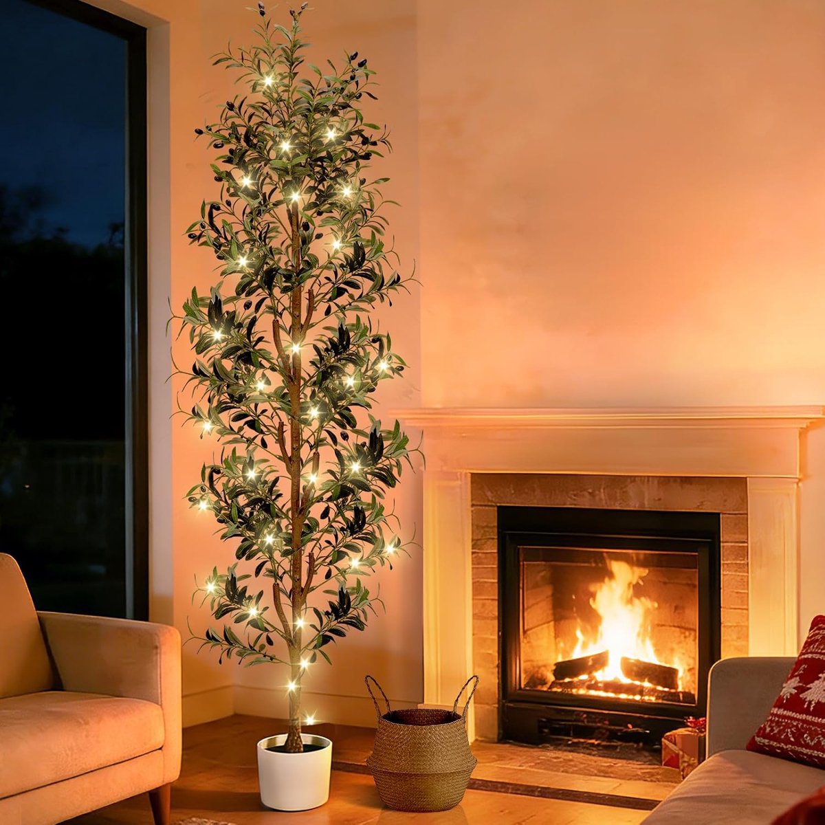 NZQXJXZ Artificial Olive Tree 2.1m - Large Indoor Fake Olive Tree with White Planter, Basket and Lighting, Tall Fake - ShopVlot