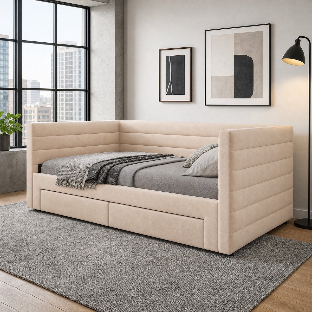 WUVRIE Slaapbank 90 x 190 cm uitschuifbaar tot 180 x 190 cm met 2 lades en lattenbodem, beige