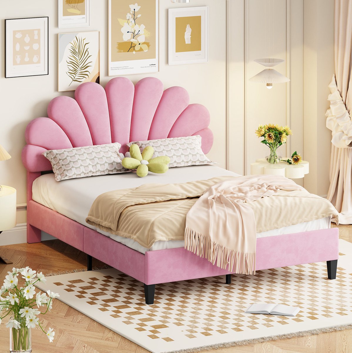 WUVRIE Gestoffeerd tweepersoonsbed 140 x 200 cm met bloemvormig hoofdbord en lattenbodem, roze