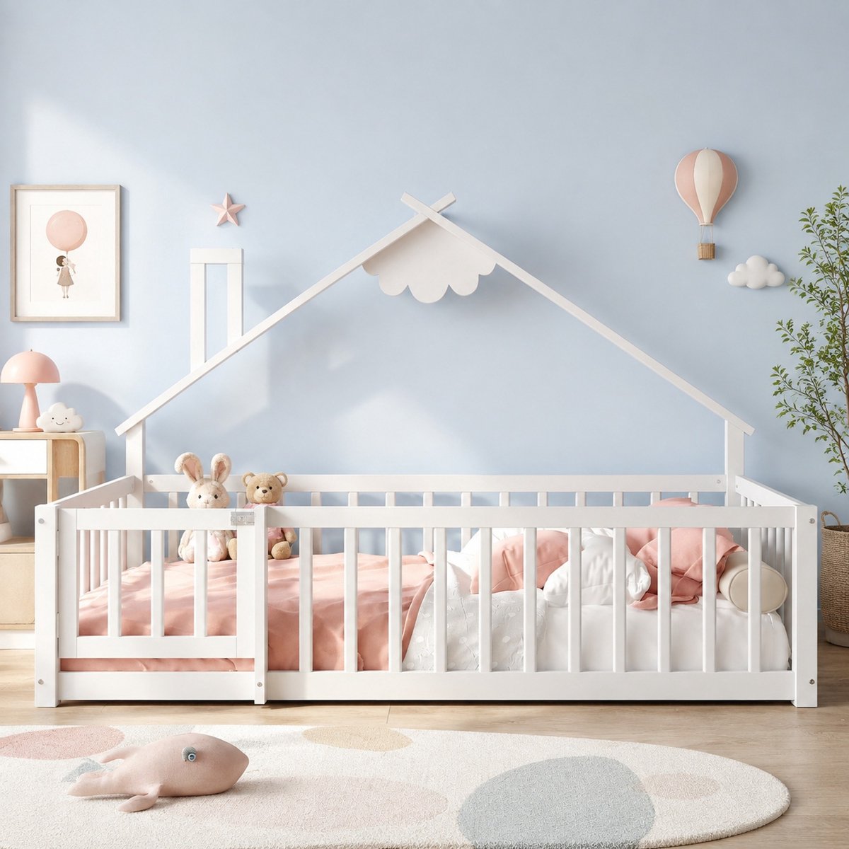 WUVRIE Kinderhuisbed 90x190 cm met veiligheidshek en afsluitbaar deurtje, hout en MDF, wit