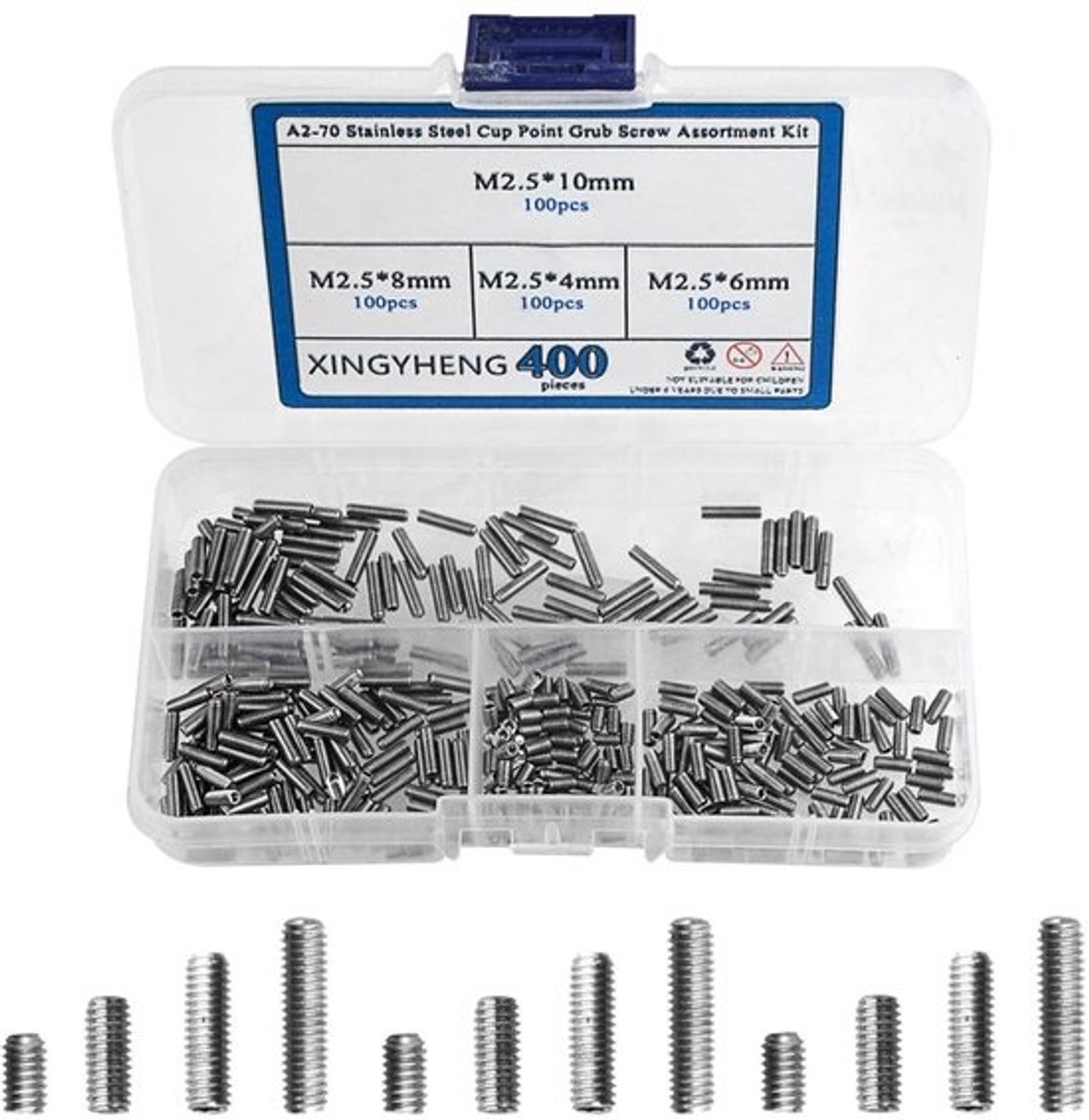 Schroevenset - Inbusschroeven - Voor het bevestigen van objecten - Roestvrij staal A2-70 - M2.5 x 4/6/8/10 mm - Zilverkleurig