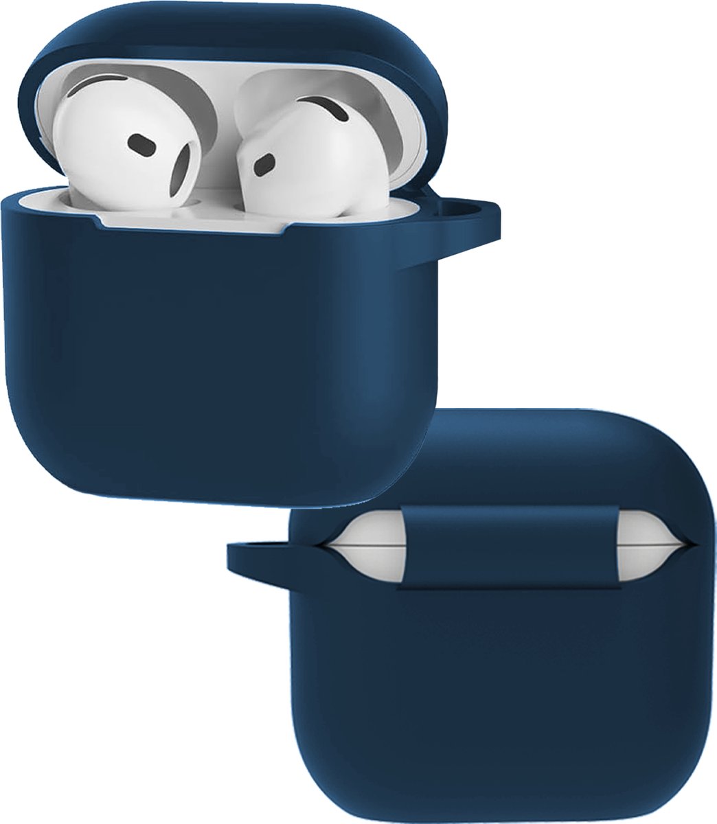 Hoes - Geschikt voor Apple AirPods 5 - Siliconen Hoesje met Clip - Silicone Case Cover - Navy