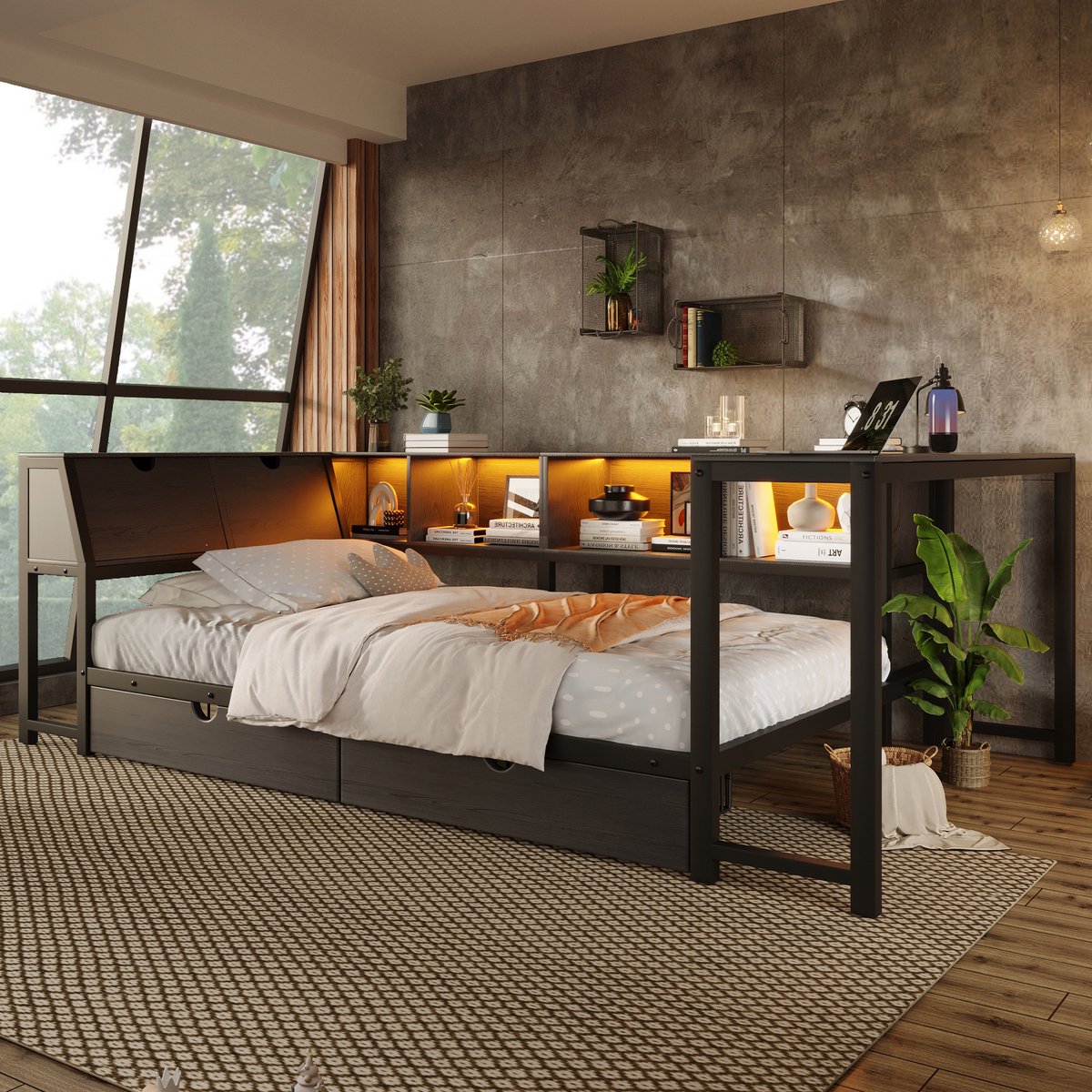 Merax 90x200cm slaapbank met opberghoofdbord - LED-verlichting - bureau en laden - multifunctioneel bed Zwart