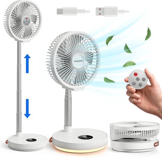 Witte opvouwbare ventilator met afstandsbediening, USB-C oplaadbaar, opvouwbaar en in hoogte verstelbaar.