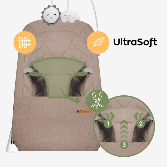 Tulano Moon 10 Baby Wipstoel - Verstelbare Baby Bouncer met Speelboog & 3-Punts Gordel - Tot 9 kg - taupe — afbeelding 2