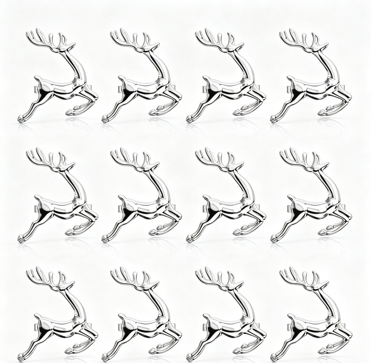 Set van 12 zilveren servetringen met 3D rendierfiguur van zinklegering - feestelijke tafeldecoratie voor Kerstmis - bruiloften en feestdiners