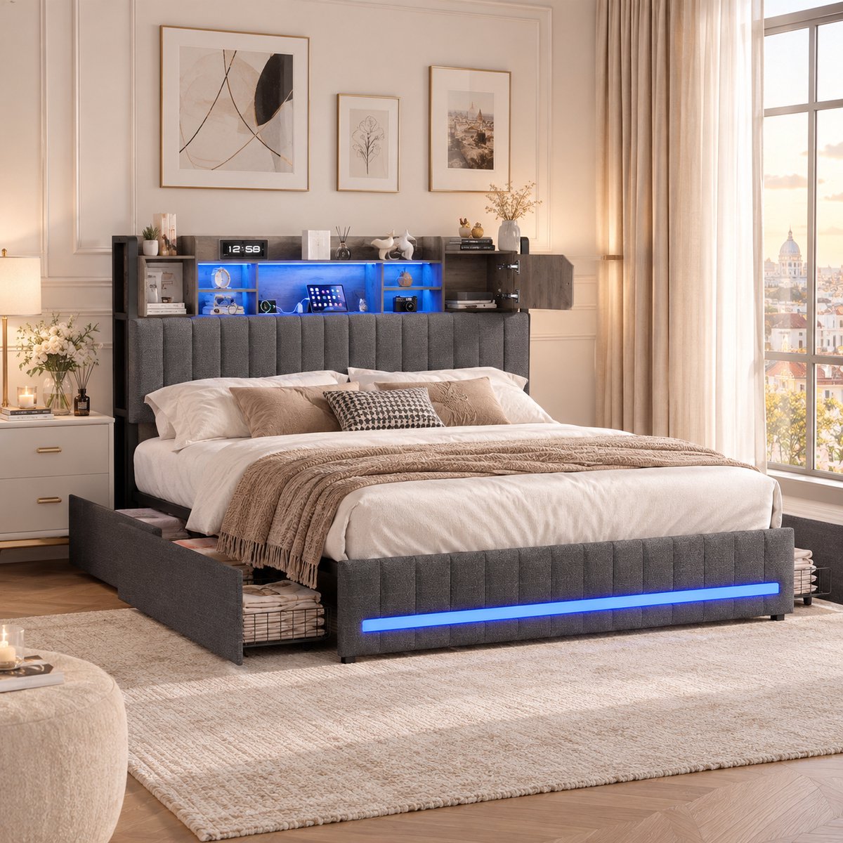 MEXUS Tweepersoonsbed 140x190 cm met 4 lades, bedframe 140x190 cm met ledverlichting en USB-poort, Gestoffeerd hoofdbord met opbergruimte, lattenbodem, linnen Grijs