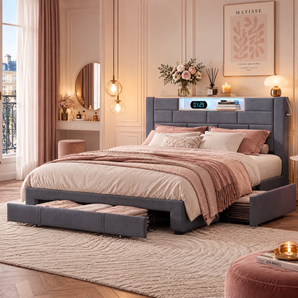 MEXUS Tweepersoonsbed 160x200 cm met lattenbodem,bedframe met 3 grote opberglades en LED-lichtstrip, Gestoffeerd hoofdbord met USB-poort, fluwelen Grijs