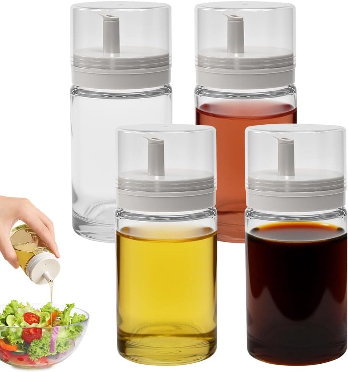 4-delige olijfolieflessenset met schenktuit, 100 ml druppelvrije saladedressingfles, glazen olijfolieschenker, kleine navulbare saladedressingfles, voor koken, picknicks en siropen.