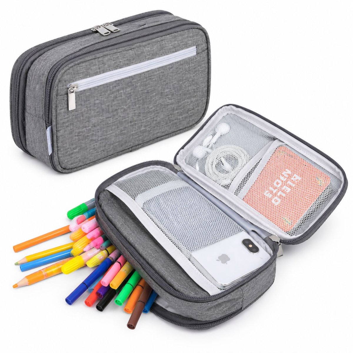 VHV - Pennen etui large - Grijs - Pennenzak voor kinderen - Grote etui - Opbergdoos - Bureau organizer - Schooletui - voor potlood