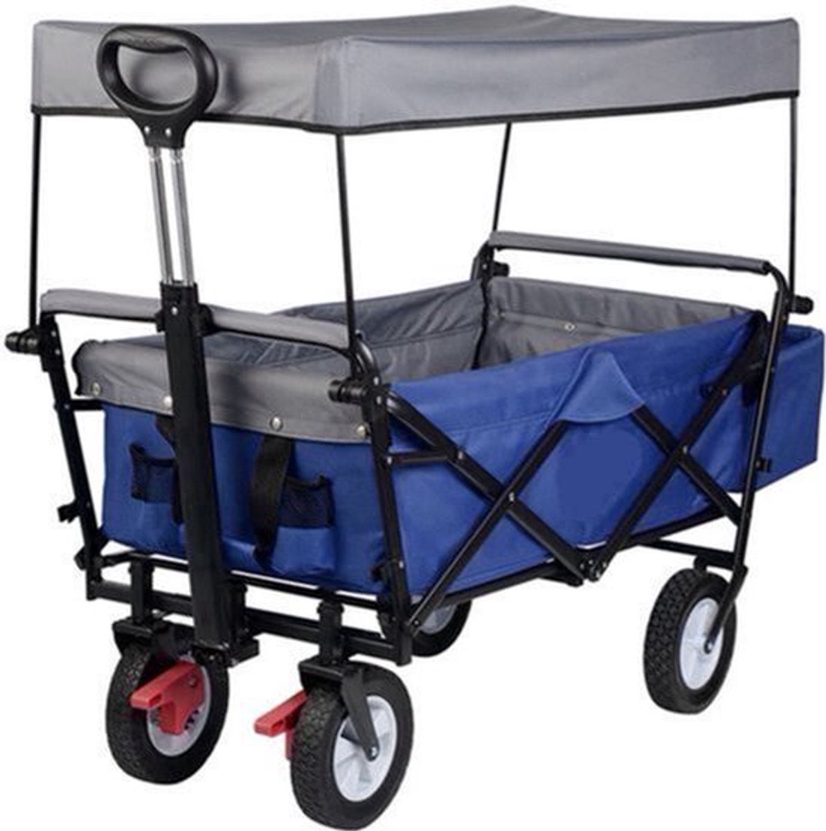 Bolderkar - Tuinwagen - Opvouwbare Bolderkarren - Tuinkarren – Transportkar voor Zonbescherming, Camping & Kinderen - Blauw - Kar - 80 kg Capaciteit - 100L - Met Dak, Wielen & Rem
