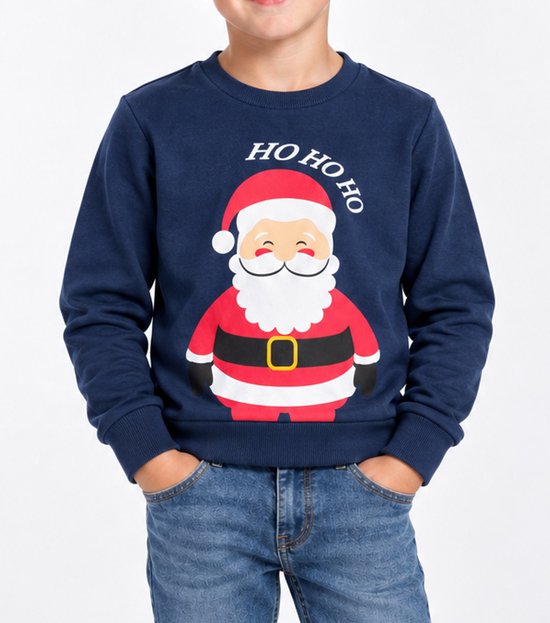 Donkerblauwe trui met opdruk van lachende kerstman en tekst 'HO HO HO'.