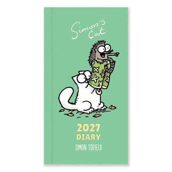 Lichtgroen kaft van een agenda voor 2027 met "Simon's Cat" logo en een illustratie van een witte kat die een egel vasthoudt.