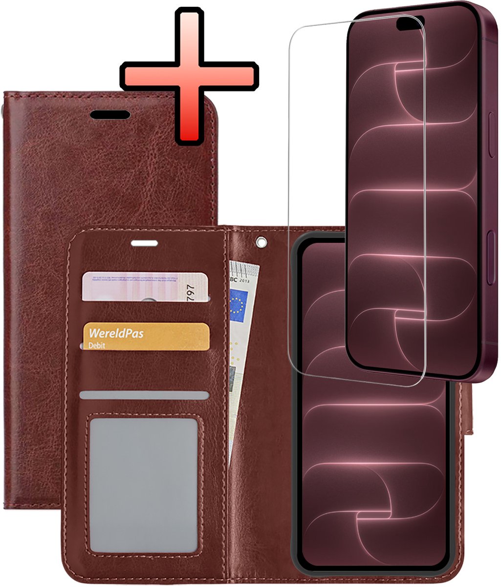 Hoesje - Met Screenprotector - Geschikt voor Apple iPhone 18 Pro - Luxe Pasjeshouder - Bookcase Portemonee - Flip Case - Kunstleer Book Case - Flipcase - Book Cover - Walletcase - Portemonneehoes - Bruin