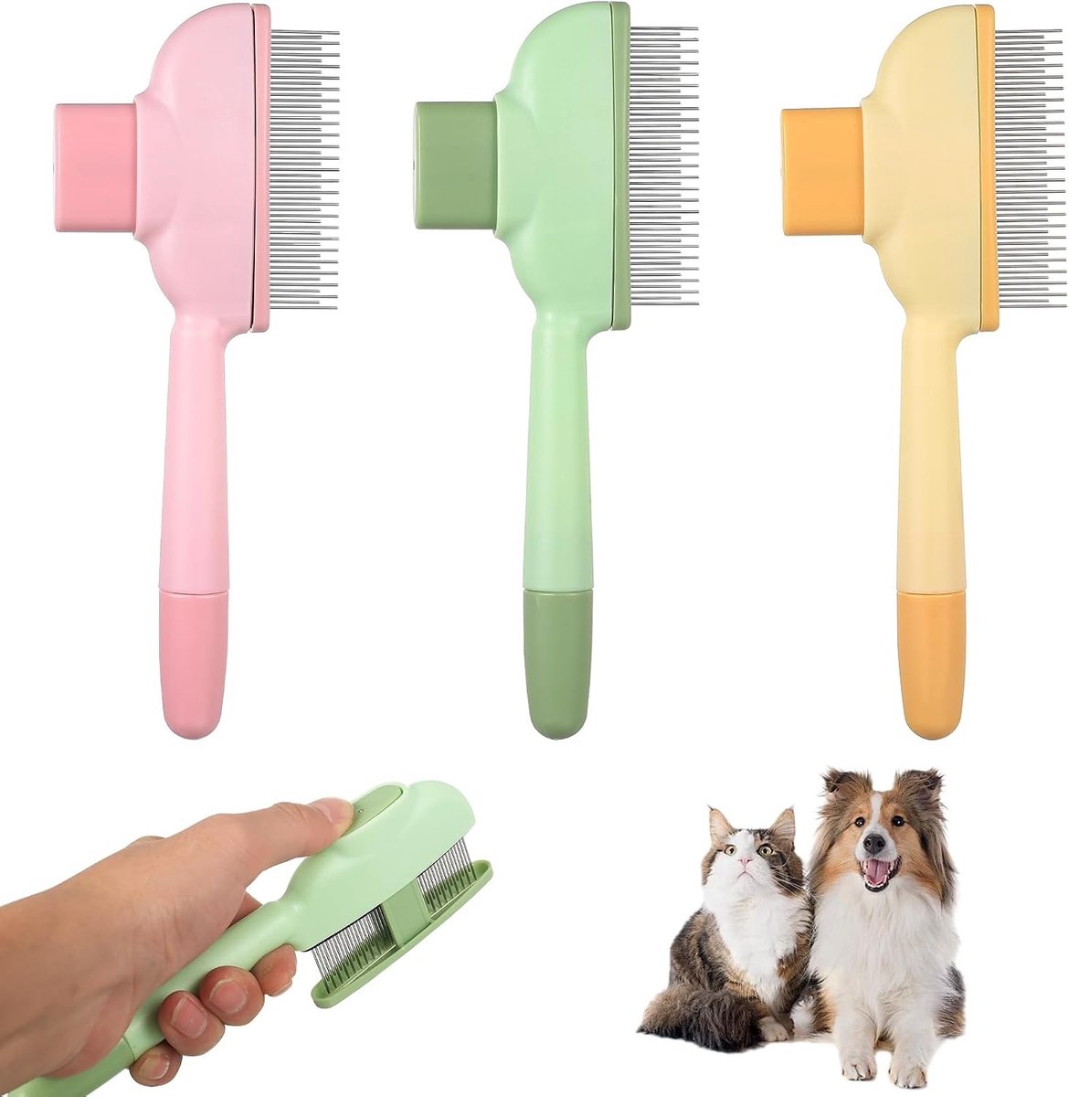 Set van 3 Verzorgingsborstels voor Katten en Honden, Zelfreinigende Onderhaarborstel, Dierlijke Kam voor Onderhaar en Verlies van Vacht