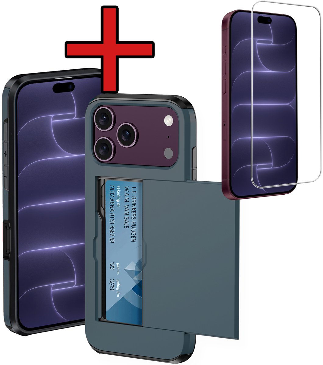 Hoesje Geschikt voor iPhone 18 Pro Max Hoesje Met Pasjeshouder Hard Case Met Kaarthouder Met Screenprotector - Hoes Geschikt voor iPhone 18 Pro Max Hoesje Pashouder Case - Donkerblauw