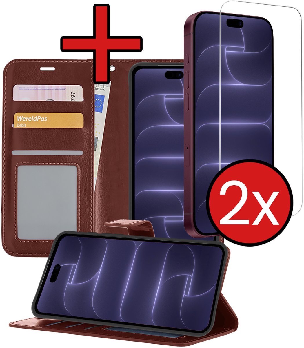 Hoesje - Met 2x Screenprotector - Geschikt voor Apple iPhone 18 Pro - Luxe Pasjeshouder - Flip Case - Bookcase Portemonee - Kunstleer Book Case - Flipcase Hoes - Book Cover - Walletcase - Portemonneehoes - Telefoonhoes - Bruin