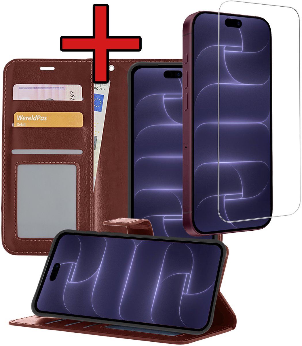 Hoesje - Met Screenprotector - Geschikt voor Apple iPhone 18 Pro - Luxe Pasjeshouder - Flipcase - Bookcase Portemonee - Flip Case - Kunstleer Book Case - Book Cover - Walletcase - Portemonneehoes - Telefoonhoes - Bruin