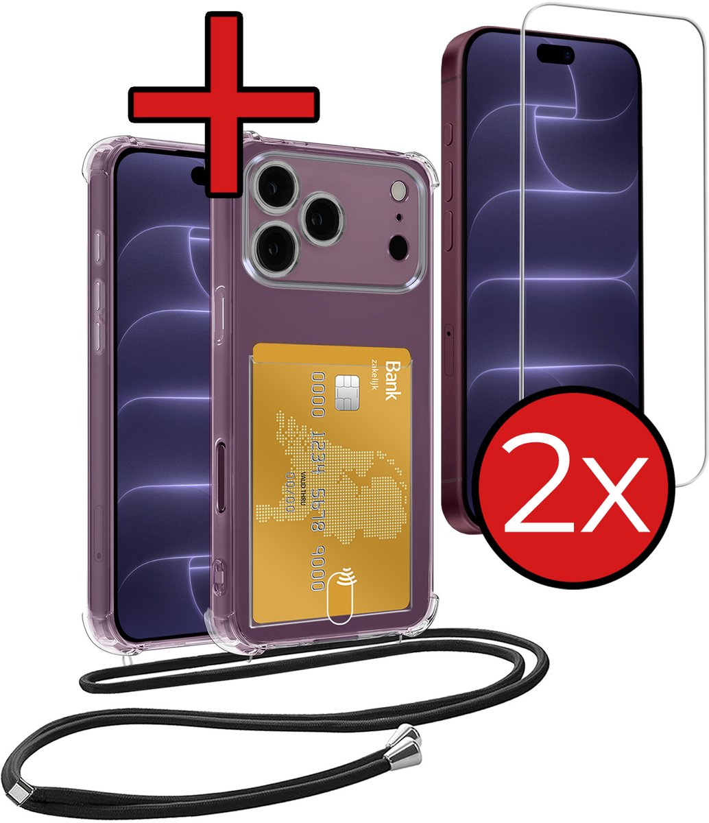 Hoesje Geschikt voor iPhone 18 Pro Hoesje Met Telefoonkoord en Pasjeshouder Met 2x Screenprotector Siliconen - Hoes Geschikt voor iPhone 18 Pro Hoesje Met Kaarthouder Shock Proof Case - Transparant