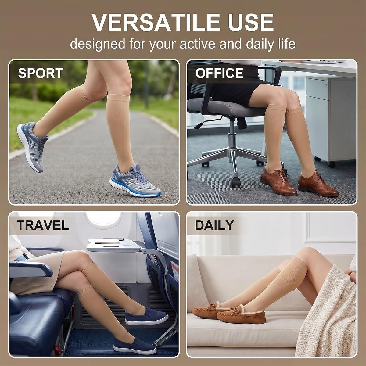 Compressiekousen voor Mannen en Vrouwen, 15-20 mmHg, beige Thrombosekousen voor Vliegen, Zwangerschap, Sport en Wandelen, 1 Paar, Maat M, Ademend en Comfortabel