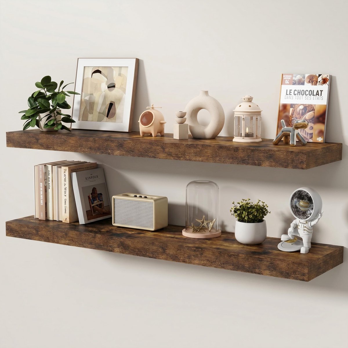 KovaScape Zwevende planken Set van 2, 120 cm planken voor muur met onzichtbare beugels, zware houten wandplank voor - ShopVlot