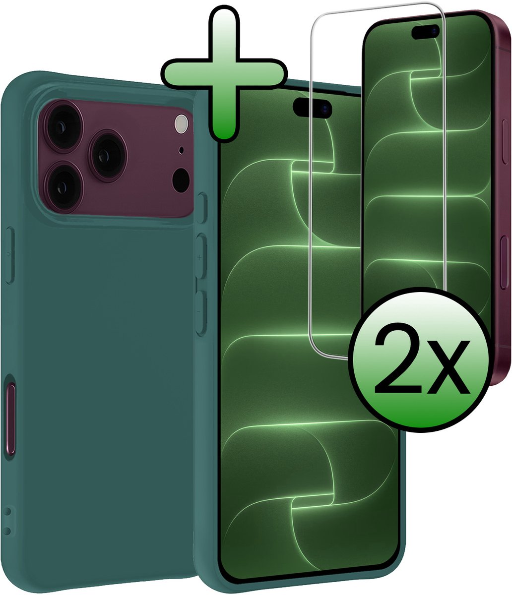 Hoesje Met 2x Screenprotector - Geschikt voor Apple iPhone 18 Pro Max - Sterk & Shockproof - Back Cover - Siliconen Case - Telefoon Hoes - Donkergroen