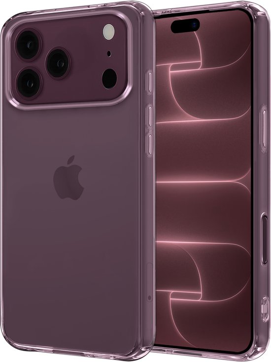 Transparante paarse hoes voor iPhone 18 Pro Max, met achterkant en zijkant van de telefoon zichtbaar.