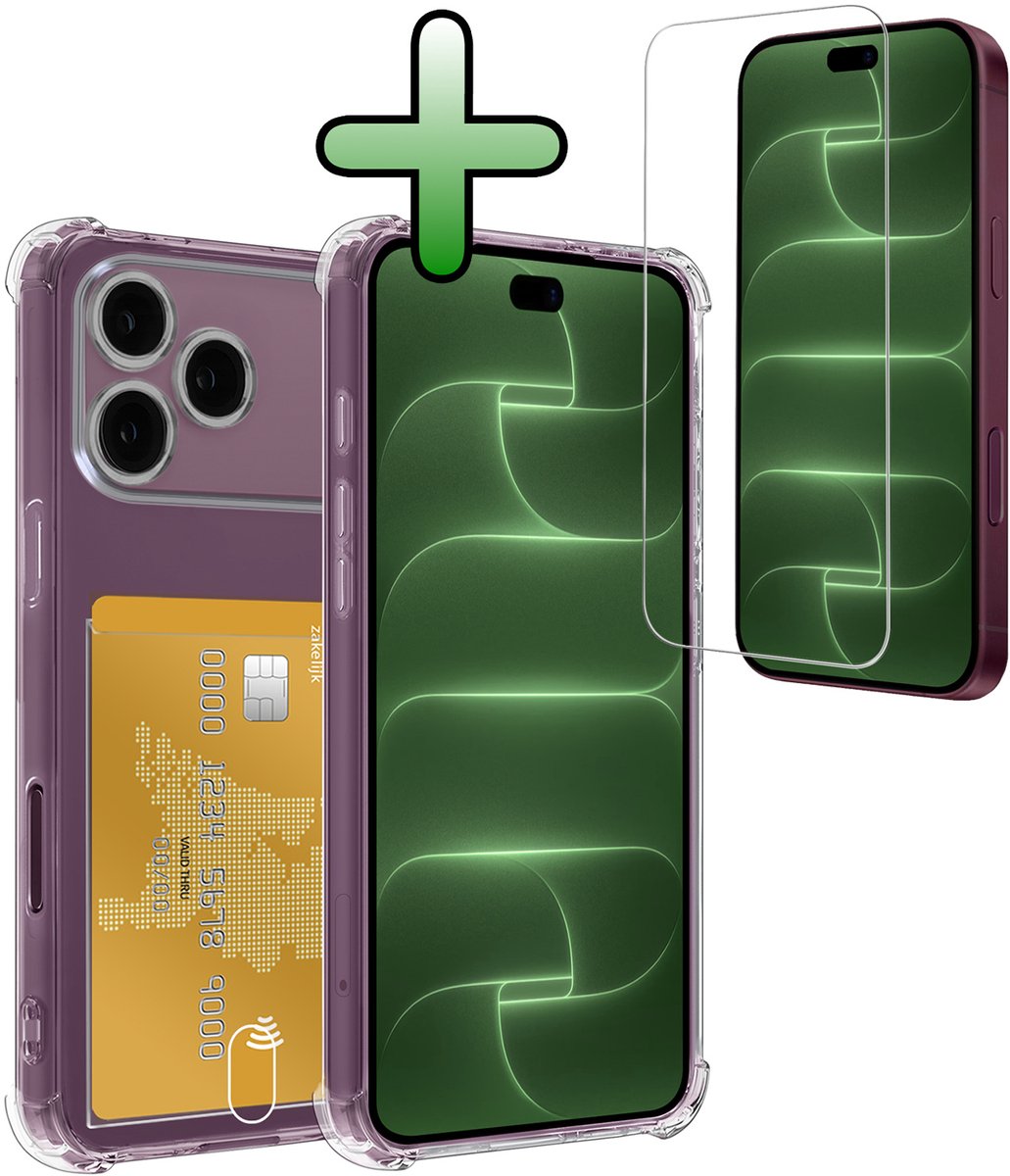 Hoesje Geschikt voor Apple iPhone 18 Pro Max - Met Screenprotector - En Pashouder - En Kaarthouder - Telefoon Hoes Shockproof - Siliconen Case - Back Cover - Shock Proof - Pasjes Houder - Transparant