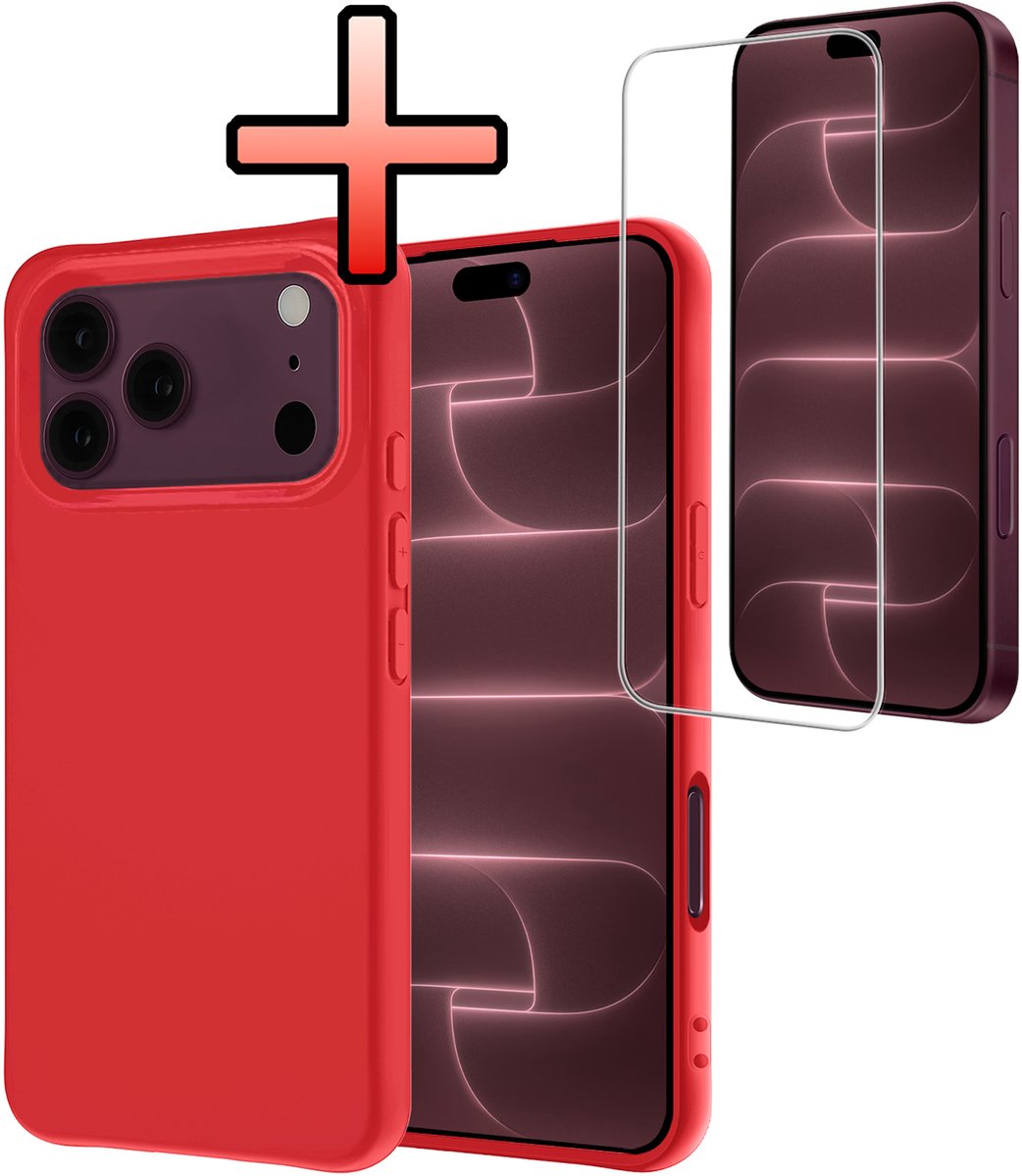 Hoesje - Met Screenprotector - Geschikt voor Apple iPhone 18 Pro - Sterk & Shockproof - Back Cover - Siliconen Case - Telefoon Hoes - Rood