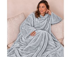 Fleece Deken met Mouwen - Plaid met Mouwen - Hoodie Deken - Hoodie Blanket - Huggle Hoodie - Snuggle Hoodie - Dekens - TV Deken - Licht Grijs - Dames en Heren - Volwassenen - 180x130 cm - Noodpakket - Kerstcadeau - Snuggie Moment