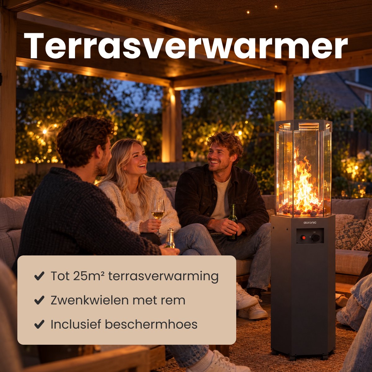 Auronic Gas Terrasverwarmer - Tot 25m2 - 360° Warmte - Met Lavastenen en Echte Vlam - 8000W Inclusief Hoes en Slang - Zwart – foto 2