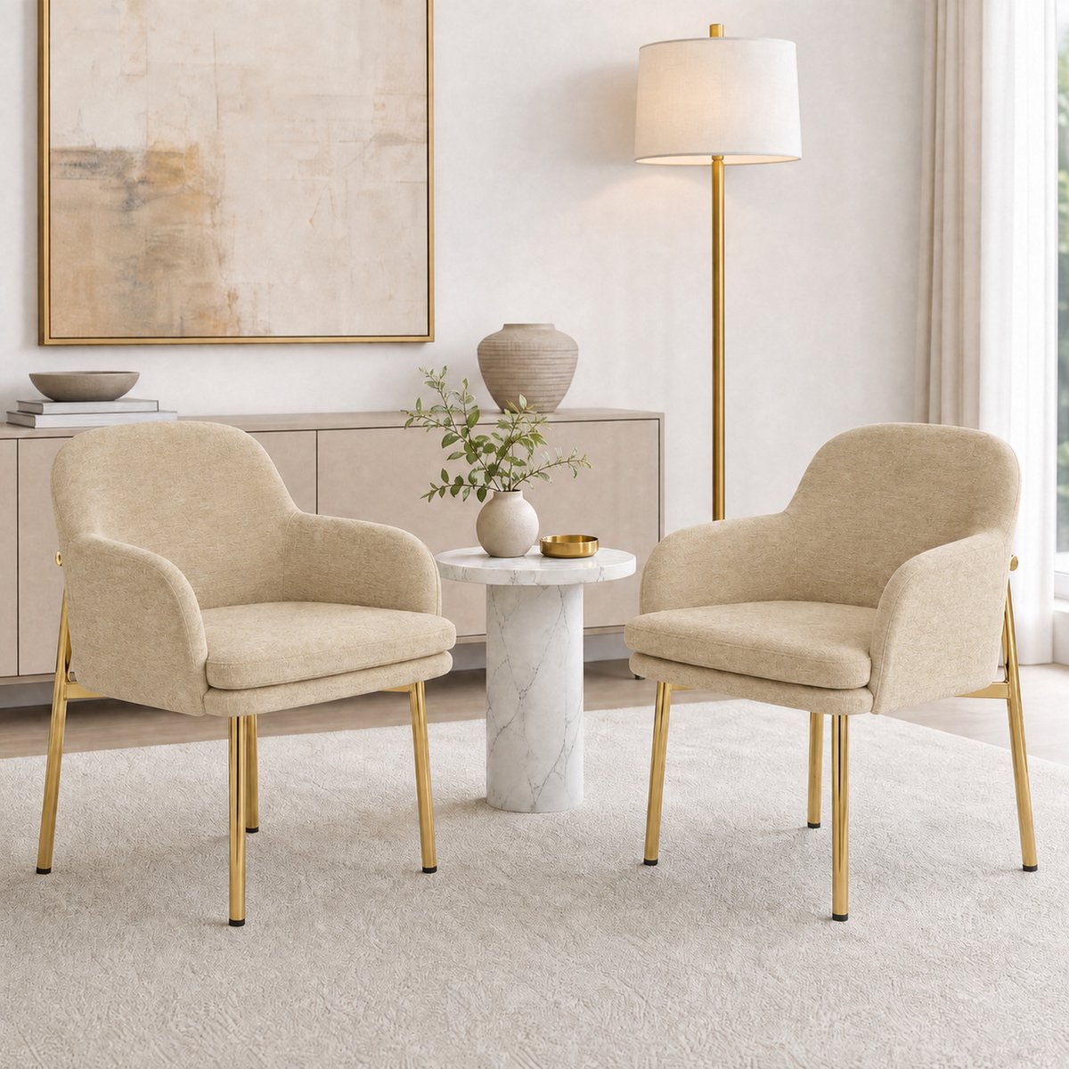 STILVORA Eetkamerstoel 61 x 59 x 78,5 cm - Set Van 2 Met Armleuningen En Verstelbare Voetdoppen - Voor Eetkamer - Stof Bruin