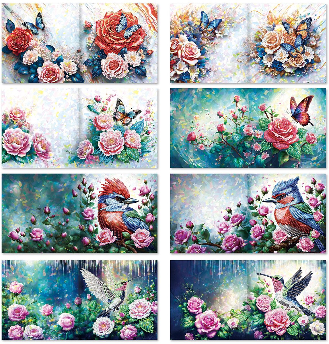 Nolad - Diamond painting kaarten - Set 8 stuks Inc Enveloppen - Diamond painting volwassenen & kinderen - Bloemm