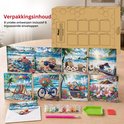 Verpakkingsinhoud van 8 diamond painting kaarten met strandthema, inclusief enveloppen, steentjes en tool.