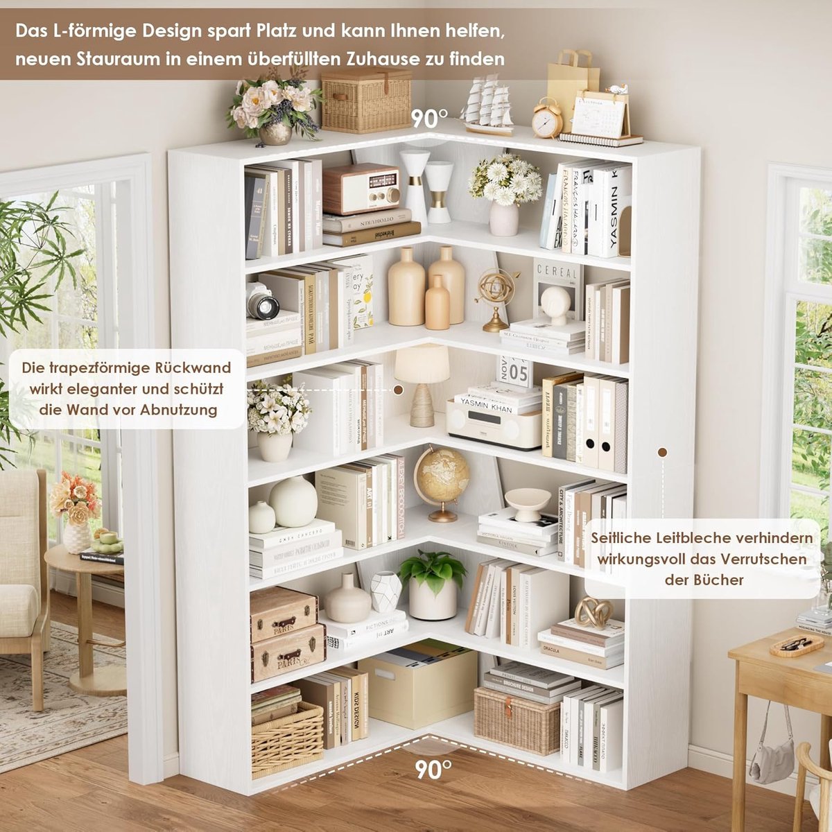 Hoekboekenkast met 6 plankniveaus - 90 x 90 x 190,5 cm - Wit