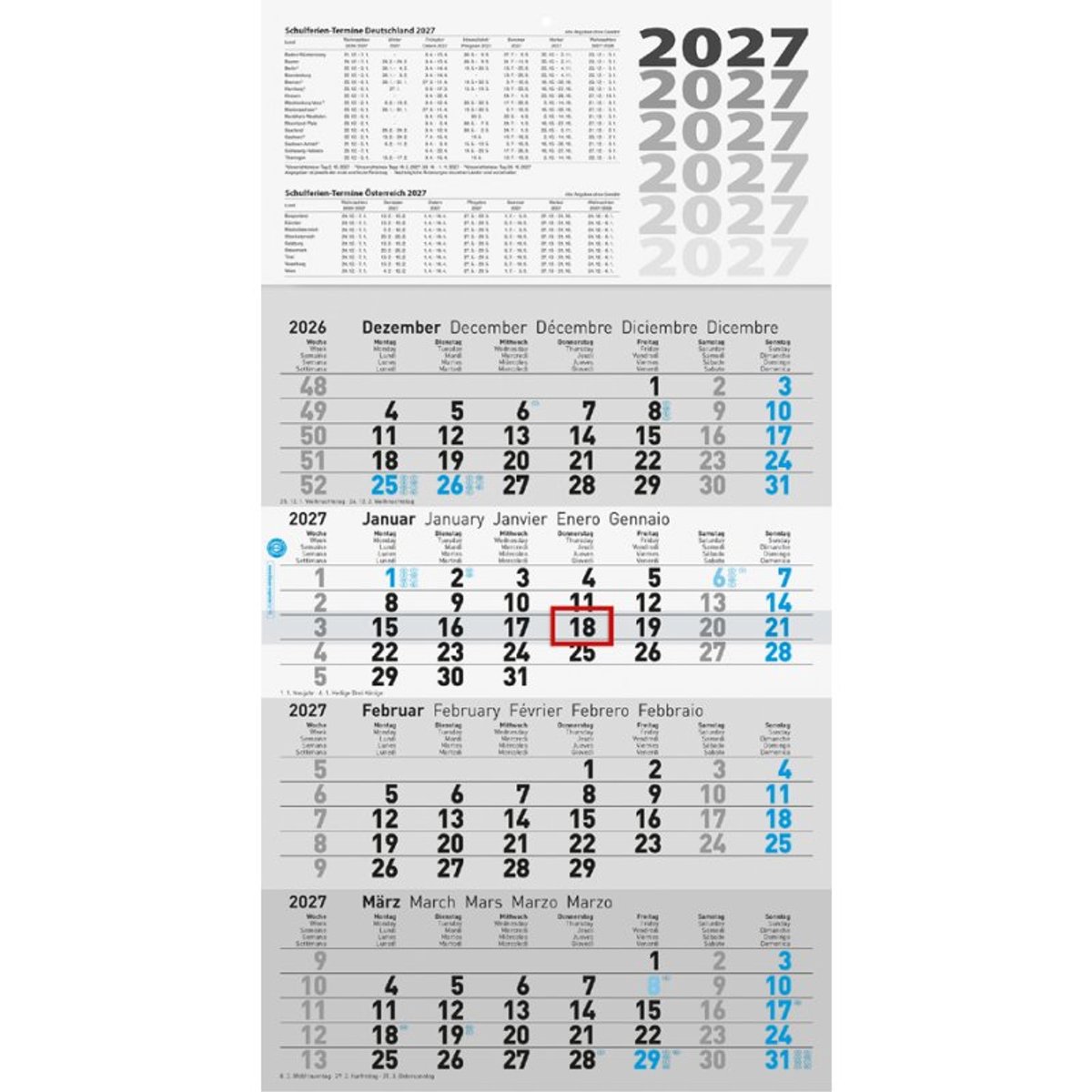 Glocken wandkalender 4-maands, 300 x 590 mm, grijs