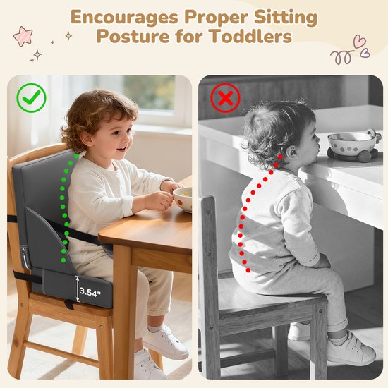 Stoelverhoger Kinderen voor Eettafel – Peuter Booster Seat met Rugleuning, Zitkussen met Veiligheidsriemen en Antislip Basis – Hoogwaardig Schuim Verhoogkussen – Grijs — afbeelding 5