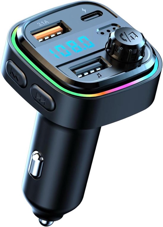 Bluetooth FM-zender voor in de auto - Dubbele USB-C (5V/3.1A) en USB-B (12V-24V) oplader, LED-scherm, handsfree-kit, ingebouwde microfoon, MP3-speler, RGB-verlichting, compatibel met iOS en Android.