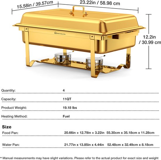 WARMOUNTS Chafing Dish Set 4 Stuks – 10,4 L Grote Buffetwarmhouders – RVS Bain-Marie Warmhoudbakken met Deksel – Goud – voor Catering, Feesten en Bruiloften — afbeelding 4