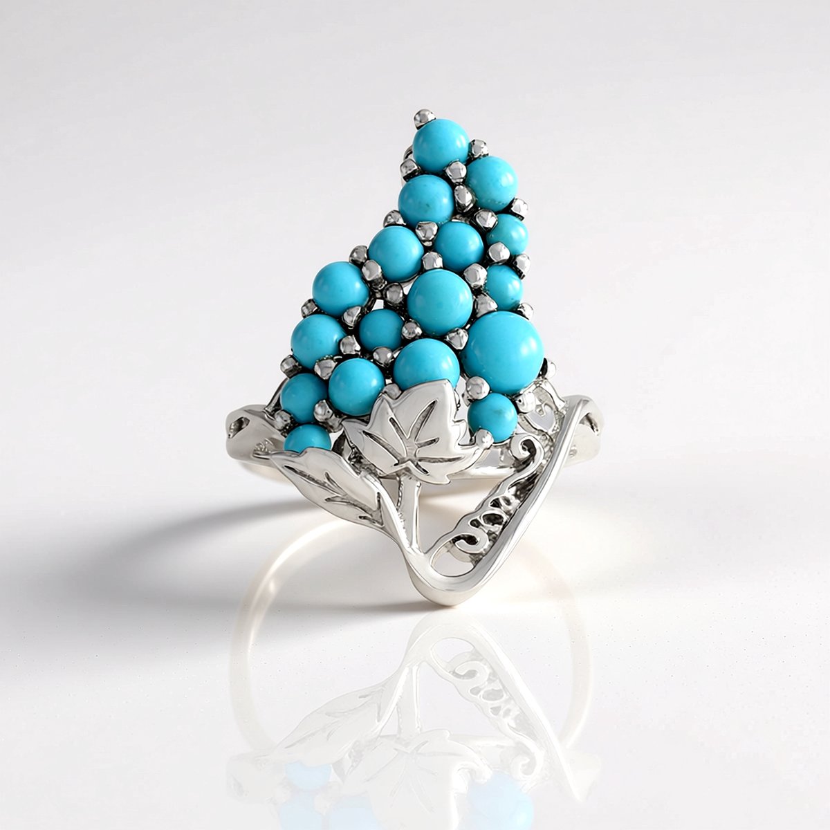 Cavill - Zilveren ring - 925 Sterling Zilver Verstelbaar - Sleeping Beauty Turkoois 2,445 ct - Rond Cabochon - Filigraan Natuurmotief - Dames