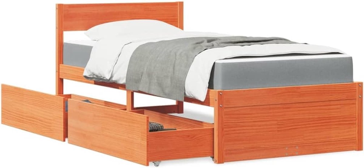 Grenenhout bed met lades pocketvering matras wasbruin 90x190 cm