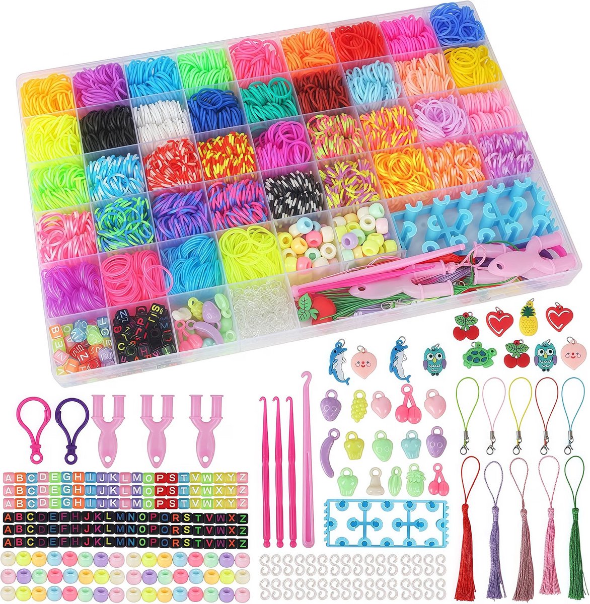 Loom bandjes set - Armbandjes maken kinderen - Elastiekjes creatief speelgoed - Inclusief weefstoel haaknaald - Kralen accessoires knutselen - Opbergdoos 54 vakken - Meerkleurig - 4.100+ stuks 40 kleuren