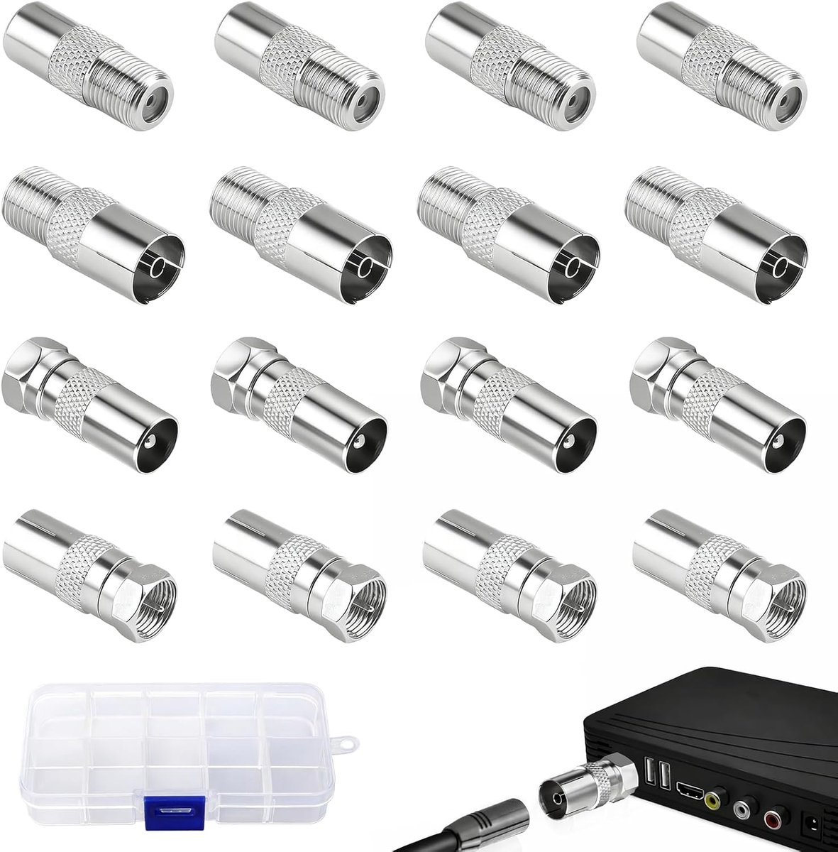 Antennestekker, satellietstekker, antennekabeladapter, 16 stuks coaxkabel-connectorset, ideaal voor tv-antenne en - ShopVlot