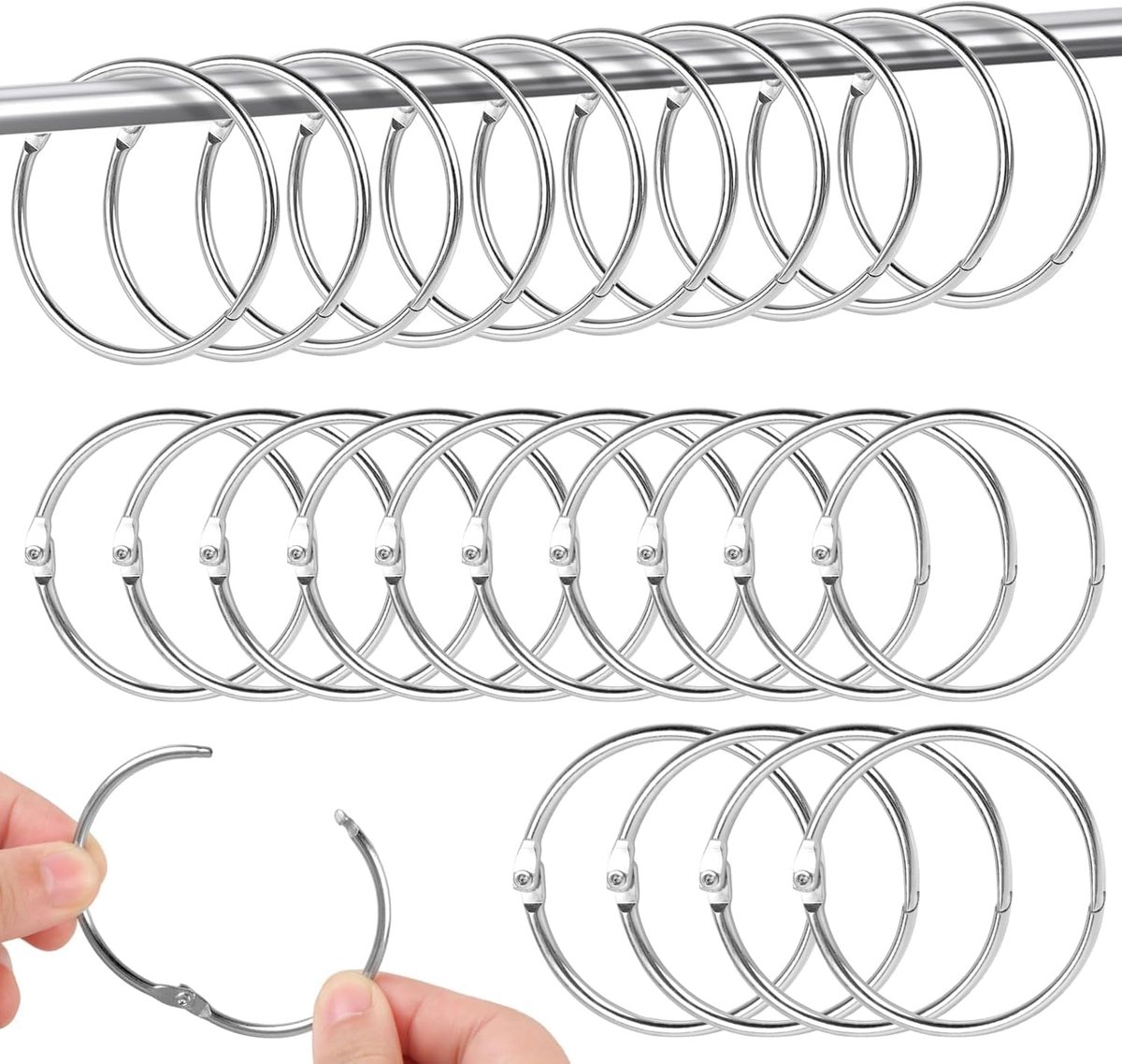 Gordijnringen, douchegordijnringen, 50 mm gordijnringen om te openen, zilver